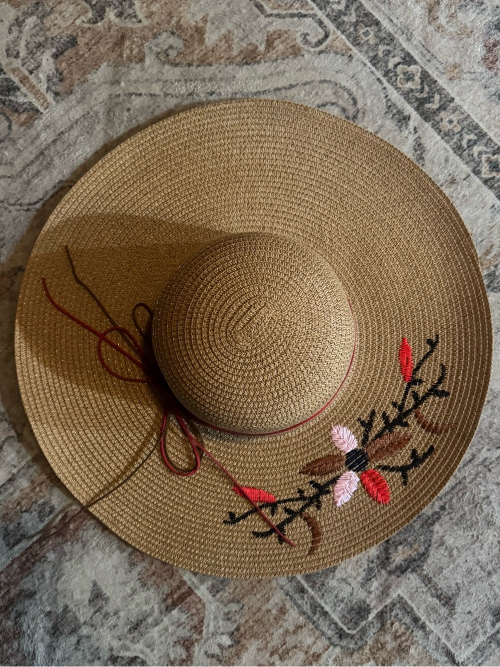Wonderly Tan Wide-Brim Sun Hat with Embroidered Floral Detail